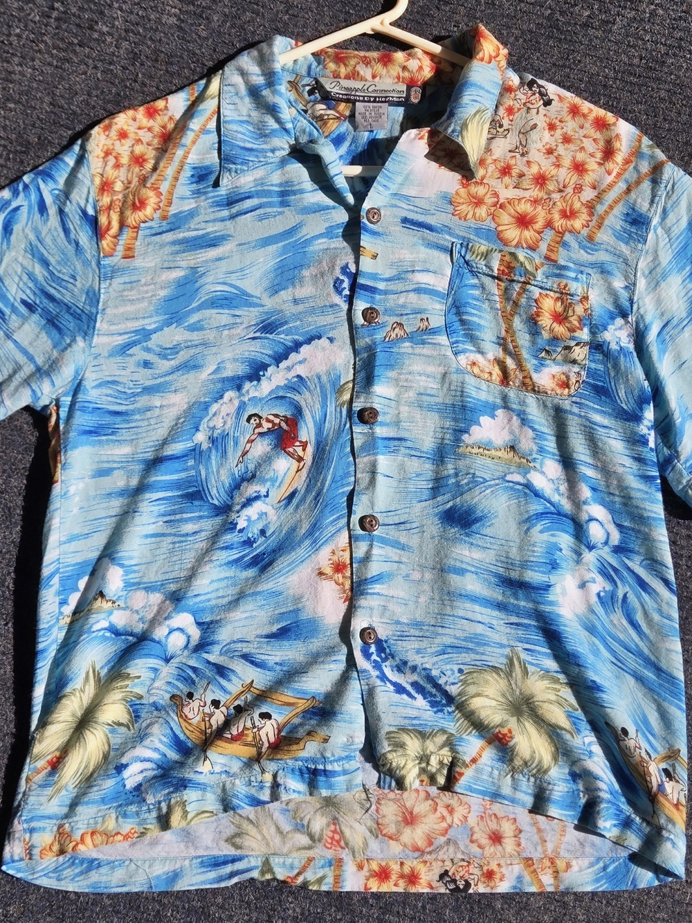 Vintage Pineapple Connection Hawaiian Shirt Men's Large Blue Rayon Surfing Hula
